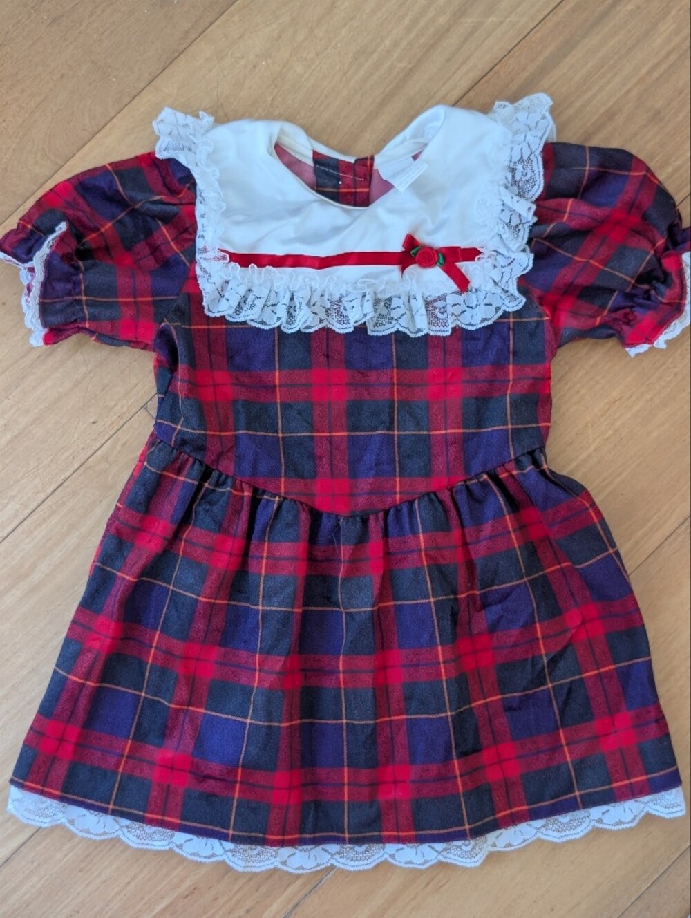 Vintage Red and Navy Plaid Dress with Lace Bib